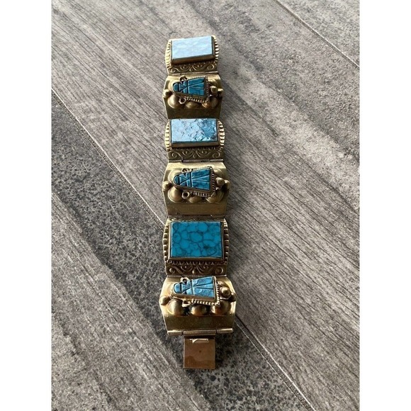 Mexico Bracelet Artisan Vintage Turquoise Like Pottery Inserts Brass 7” - Picture 5 of 16